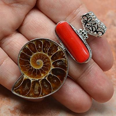 Cr 2368 db pendentif pendant corail ammonite fossile bijou argent 925 achat vente