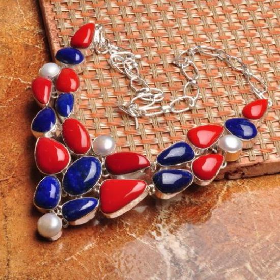 Crf 086d collier parure sautoir corail lapis lazuli perle achat vente bijou argent 925