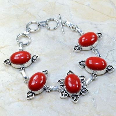 CRF-127 - Joli BRACELET en CORAIL Rouge - 5 cabochons  ovales 12 x 16 mm - monture argent 925 - 115 carats - 23 gr