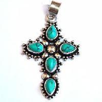 Croix chetienne chaine turquoise 25x30mm bijou argent 925 