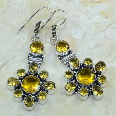 CT-0050 - Superbes  BOUCLES PENDANTS D'OREILLES 60 mm 20 CITRINES dorées - 99,5 carats - 19,9 gr