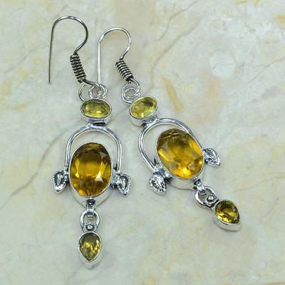 CT-0073 - Jolies  BOUCLES PENDANTS D'OREILLES 60 mm 6 CITRINES dorées - 52 carats - 10,4 gr