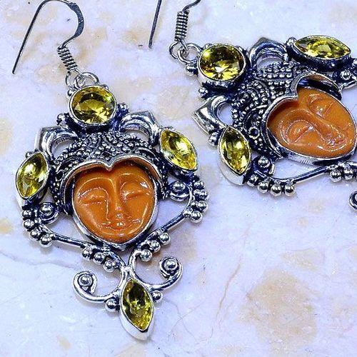 Ct 0471c boucles pendant oreilles bouddha citrine lemon gothique argent 925 bijoux achat vente