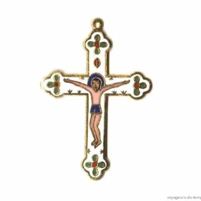 CX-069 - Jolie CROIX Chrétienne insigne de Pèlerin - Bronze émaillé blanc - 55 mm