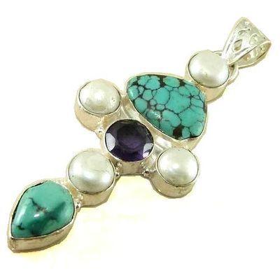 Cx 3174c croix chretienne crucifix 60x78mm blue turquoise perles pendant achat vente