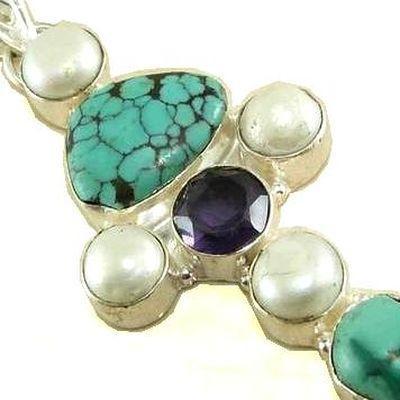 Cx 3174c croix chretienne crucifix 60x78mm blue turquoise perles pendant achat vente