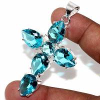 Cx 3193b croix pendentif 60x40mm 12gr aigue marine bleue gothique achat vente bijou argent 925