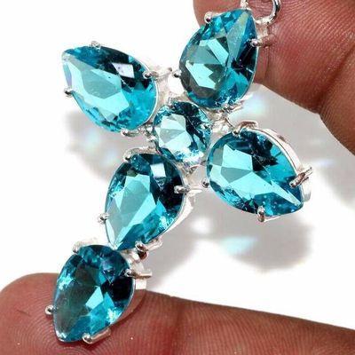 Cx 3193c croix pendentif 60x40mm 12gr aigue marine bleue gothique achat vente bijou argent 925