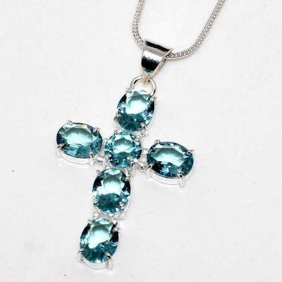 Cx 3250c croix crucifix chaine 13gr pendentif pendant 30x40mm topaze bleue argent 925