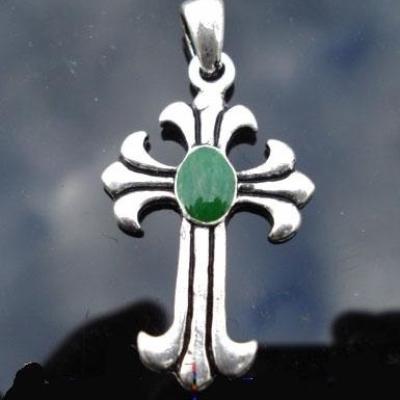 CX-3124 - Jolie CROIX Chrétienne insigne de Pèlerin - Bronze argenté émail Vert 42 mm