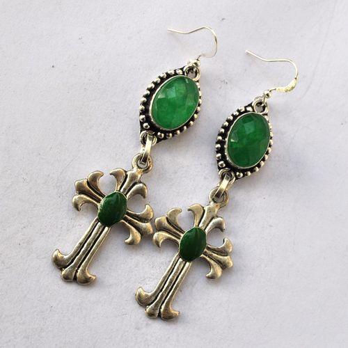Em 0243 boucles oreilles emeraude croix chetienne 17gr 10x15mm argent925 4
