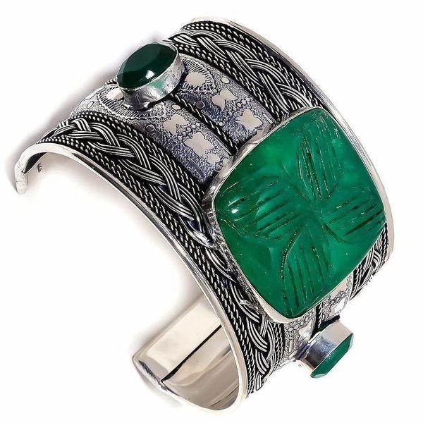 Em 0529b bracelet torque manchette 50mm 70gr 3xemeraude cachemire 30x30mm argent ethnique
