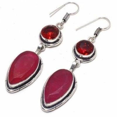 GR-0759 - Belle  paire de BOUCLES PENDANTS D'OREILLES 70 mm en GRENAT et RUBIS du  Cachemire - Argent 925 - 75 carats 15 gr