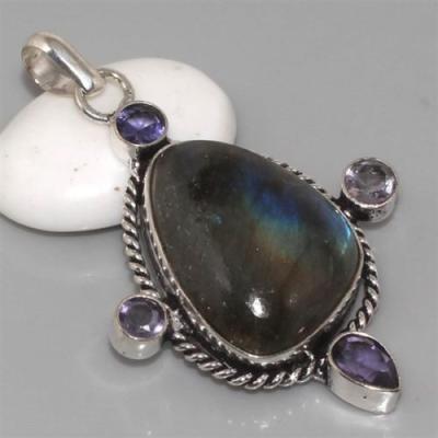 LB-0530 - PENDENTIF en LABRADORITE et AMETHYSTE Argent 925 - 55 carats 11 gr