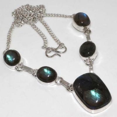 LB-0598- COLLIER parure sautoir 5 cabochons en LABRADORITE polie ovale 10 à 22 mm et Argent 925 - 105 carats 21 gr