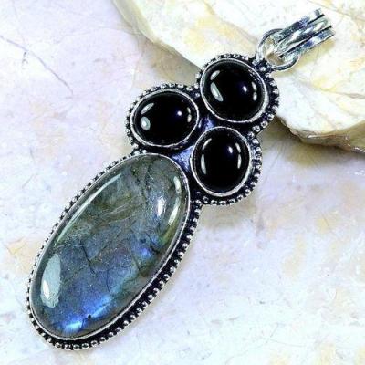 Lb 0695c pendentif pendant labradorite onyx noir achat vente bijou argent 925