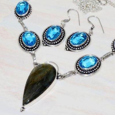 Lb 0723b collier boucles oreilles parure labradorite topaze bleue achat vente bijou argent 925