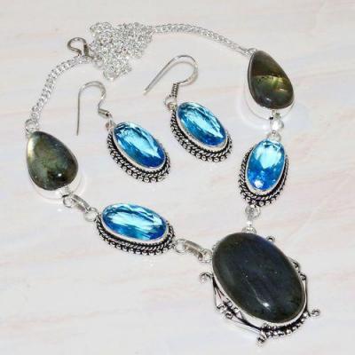 Lb 0725b collier boucles oreilles parure labradorite topaze bleue achat vente bijou argent 925