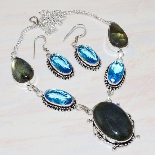 Lb 0725a collier boucles oreilles parure labradorite topaze bleue achat vente bijou argent 925