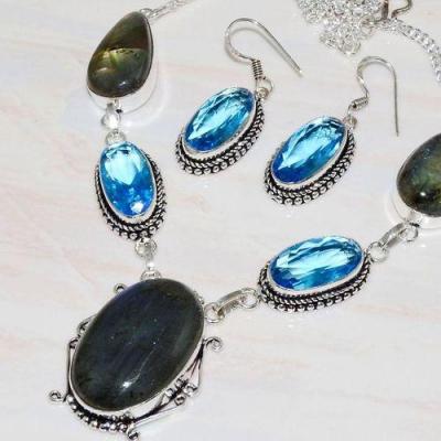 Lb 0725b collier boucles oreilles parure labradorite topaze bleue achat vente bijou argent 925