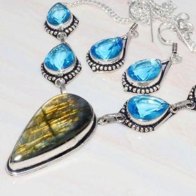 Lb 0726b collier boucles oreilles parure labradorite topaze bleue achat vente bijou argent 925