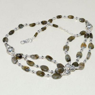 LB-0727-  COLLIER parure  3 rangs de perles polies ovales en LABRADORITE 8 x 10 mm et perles Argent 925 - 225 carats 45 gr