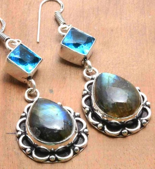 Lb 0801c boucles pendant oreilles 13gr paire labradorite aigue marine vente bijou argent 925