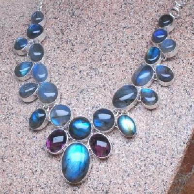 Lb 0802b collier parure labradorite amethyste 86gr argent925