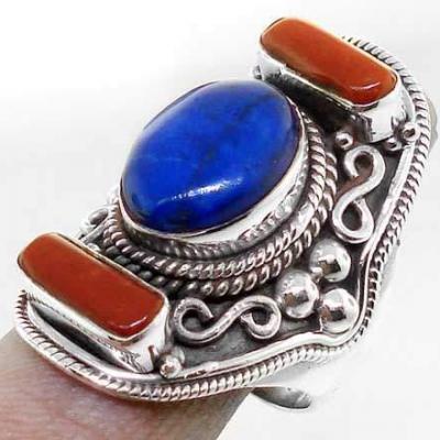 Lpc 026 bague tibetaine lapis lazuli corail argent t57 2