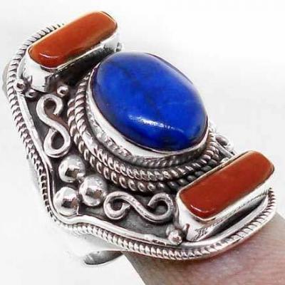 Lpc 026 bague tibetaine lapis lazuli corail argent t57 2 