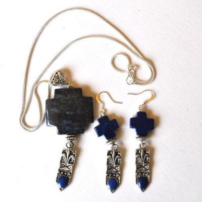 Lpc 041 pendentif boucles oreilles chaine croix lapis lazuli fleur lys 1