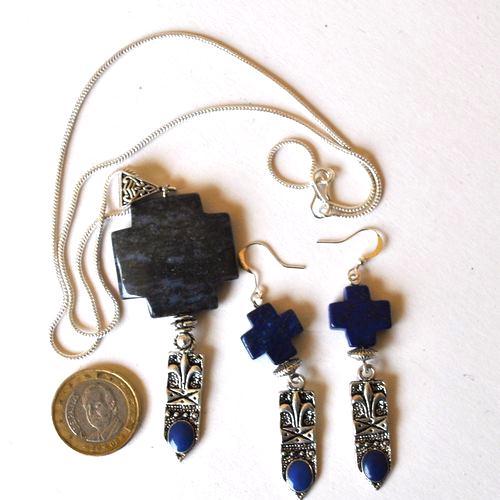 Lpc 041 pendentif boucles oreilles chaine croix lapis lazuli fleur lys 2