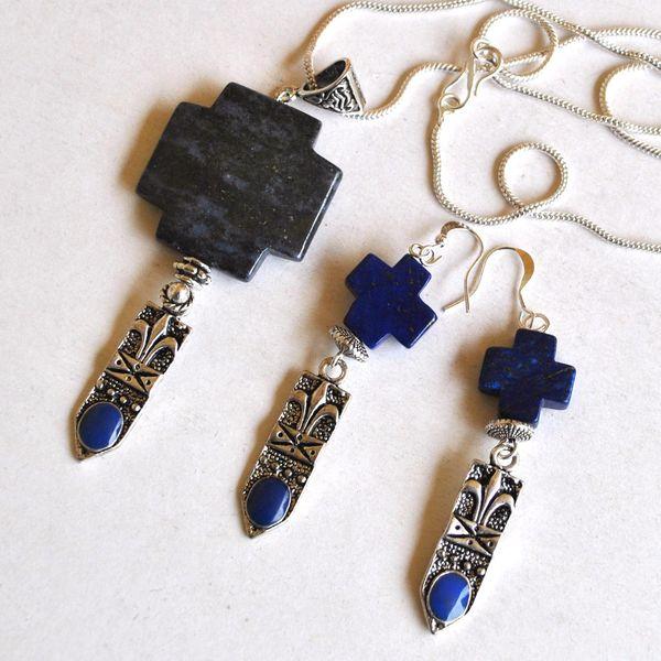Lpc 041 pendentif boucles oreilles chaine croix lapis lazuli fleur lys 5