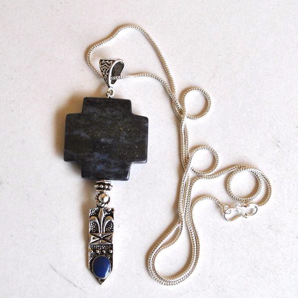 Lpc 041 pendentif boucles oreilles chaine croix lapis lazuli fleur lys 8