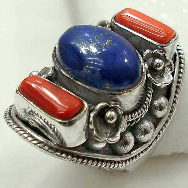 Lpc 113 bague tibetaine lapis lazuli corail t55 15x10mm argent 1