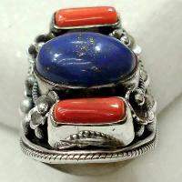 Lpc 113 bague tibetaine lapis lazuli corail t55 15x10mm argent 2