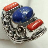 Lpc 113 bague tibetaine lapis lazuli corail t55 15x10mm argent 3