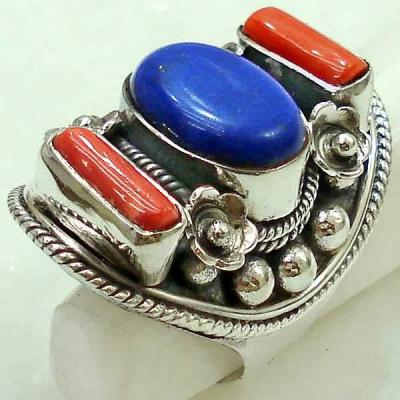 Lpc 121 bague tibetaine lapis lazuli corail t55 15x10mm argent 1 