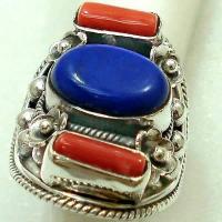 Lpc 121 bague tibetaine lapis lazuli corail t55 15x10mm argent 2 