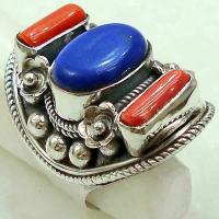 Lpc 121 bague tibetaine lapis lazuli corail t55 15x10mm argent 3 