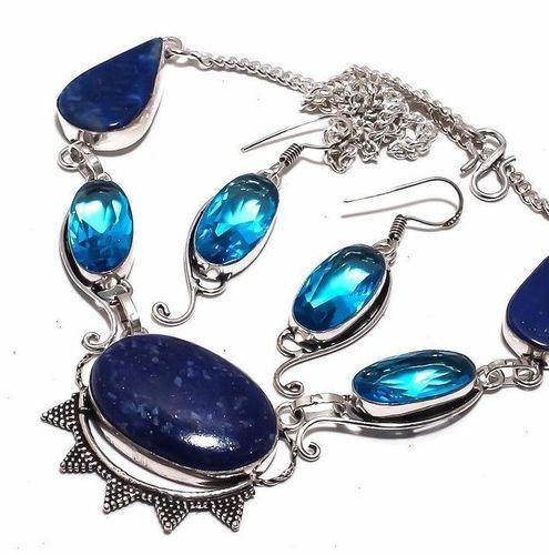 Lpc 368c collier boucles oreilles parure 39gr lapis lazuli topaze argent achat vente