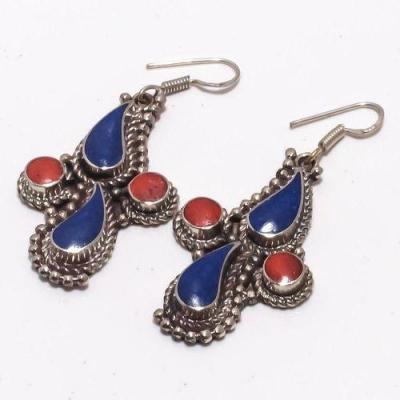 Lpc 378c boucles oreilles orientales ethniques corail lapis lazuli achat vente argent 925