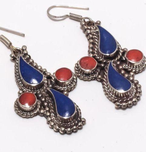 Lpc 378c boucles oreilles orientales ethniques corail lapis lazuli achat vente argent 925