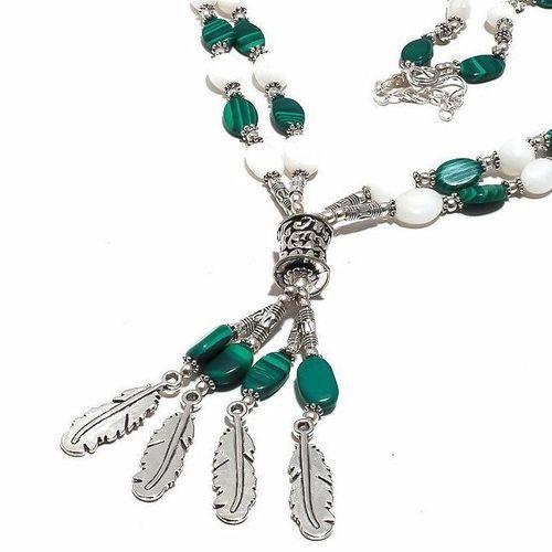 Mal 209b collier parure sautoir 49gr pendentif plumes malachite opale achat vente bijoux argent