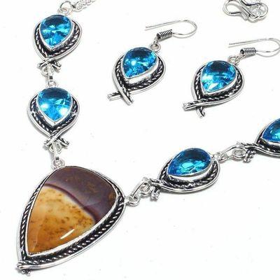 Mk 0040b collier boucles oreilles mookaite topaze bleue 34gr 15x30mm 925