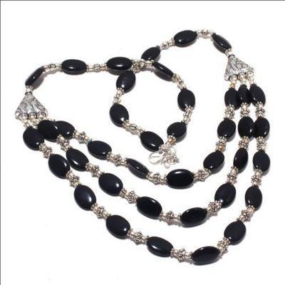 On 0492a parure collier sautoir 3rangs 44gr onyx noir gothique bijou 1900 art deco achat vente