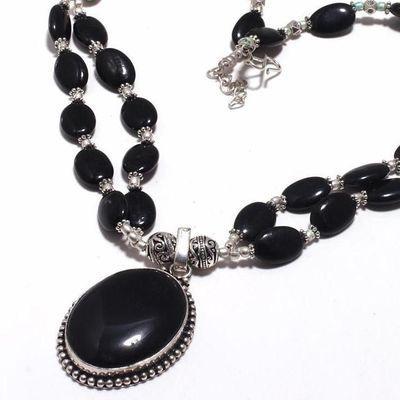 On 0550b collier parure onyx noir 2rangs 58gr pendant 25x35mm bijou 1900 art deco gothique