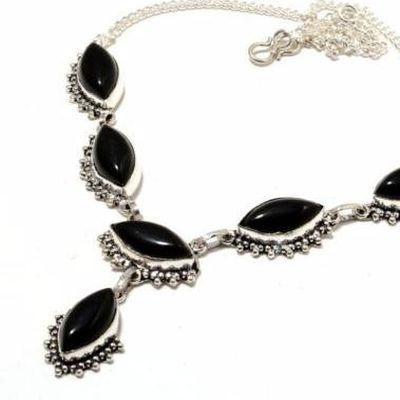 On 0552b collier parure sautoir onyx noir 10x20mm bijou 1900 art deco gothique argent 925