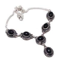 On 0559a collier parure sautoir onyx noir 10x15mm bijou 1900 art deco gothique argent 925