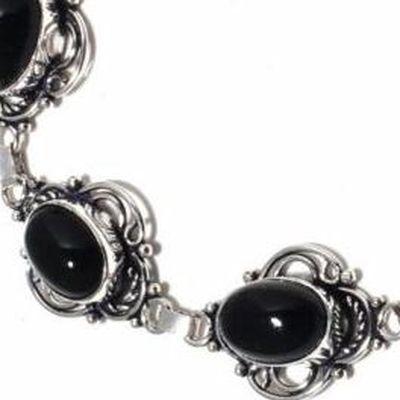 On 0560a collier parure sautoir 20gr onyx noir 10x15mm bijou 1900 art deco gothique argent 925